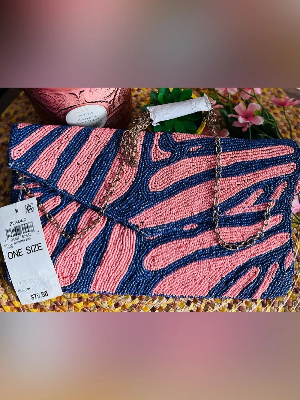 ON-34TH Pink & Navy Beaded Zebra Clutch